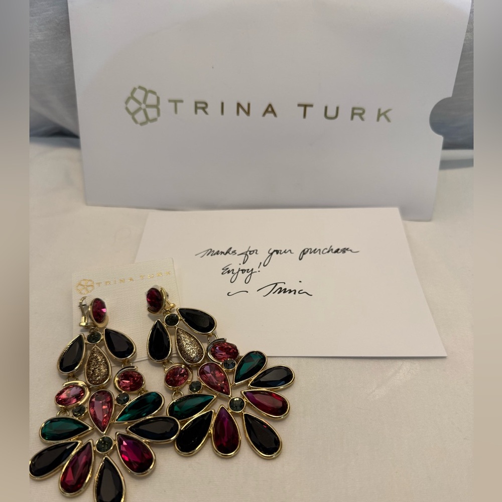 NWT Trina Turk Teardrop Cluster Statement Earrings in Pink, Green, Black & Gold